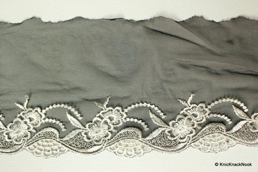 Black Soft Net Lace Trim with White Embroidered Flowers 5 1/2 inches wide